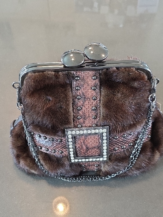 Brown Mink and Snake-Texture Evening Bag with Rhinestone Buckle & Kiss Closure - Picture 8 of 16